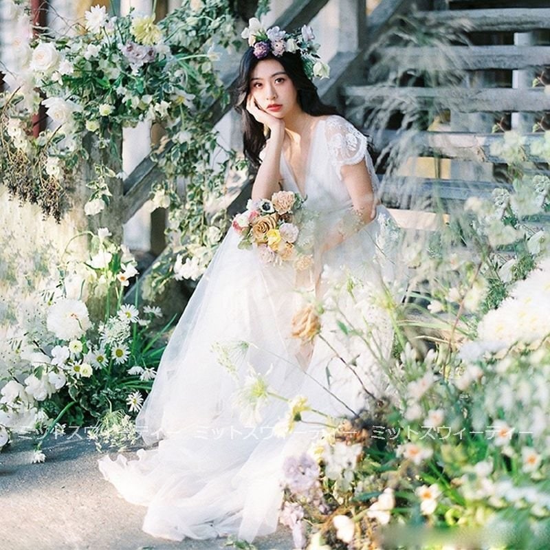 ウエディングドレス 花嫁 白 二次会 aライン チュール ふわふわ ロングドレス 結婚式 ブライダル 大きいサイズ パーティードレス 海外挙式 演奏会 披露宴 撮影