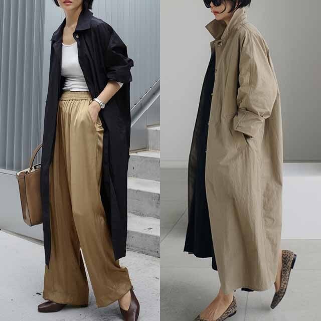 ロングステンカラーコートトレンチビッグシルエットロング丈フェミニンエレガントゆったり長袖レディース