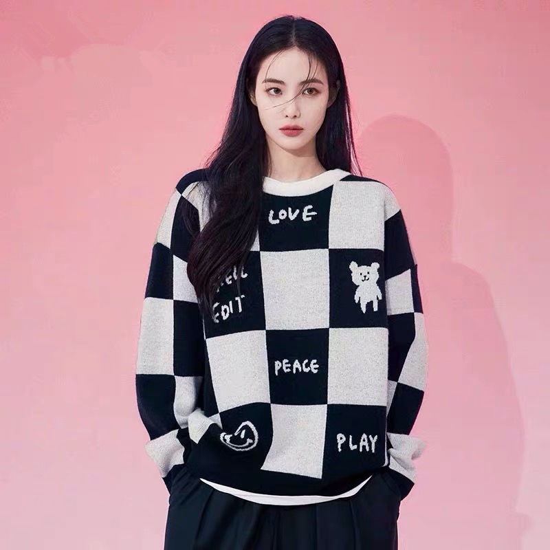 初秋の新しい市松模様のラウンドネックセーター女性のニッチ編み韓国のゆるい怠惰なスタイルの学生は内側と 最大57%OFFクーポン 半額品
