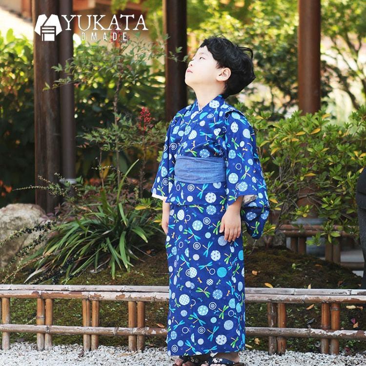 出荷が迅速である 独占販売 浴衣 虫柄 トンボ カブトムシ 子供 男の子 キッズ 2点セット 浴衣 兵児帯 ブルー ダークブルー 浴衣セット キッズ レトロ 子供服 夏祭り 古典 花火大会 2025新