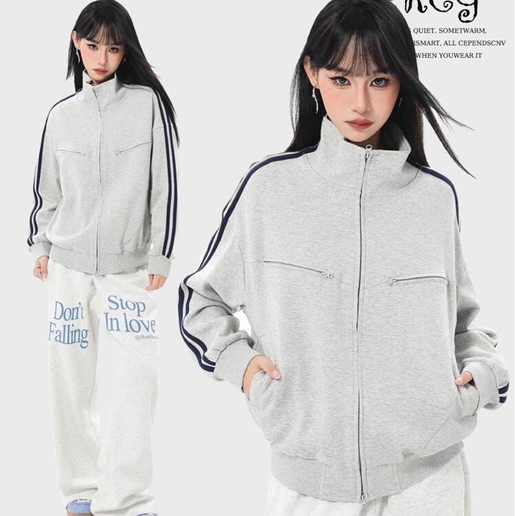 2025 春夏 韓国 かわいい レディース バイカラーハイネックスタンドネックアウター羽織りスポーティー長袖配色コーデトップススポーツサイズサイドカジュアルシルエットファッション系フル丈トラック