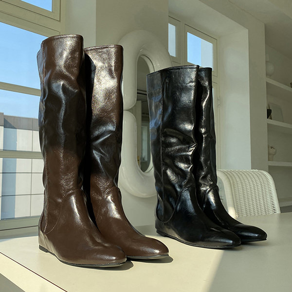 ロングブーツ ルーズ ポインテッドトゥ フラット レディース ぺたんこ ペタンコ 黒 茶 ブラック ブラウン 歩きやすい カジュアル シンプル 靴 婦人靴 韓国