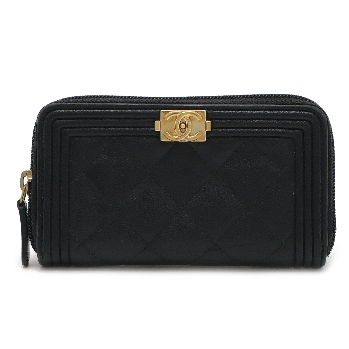 ボーイシャネル マトラッセ ココマーク 2つ折財布 二つ折り財布 ラウンドファスナー キャビアスキン レザー ブラック ゴールド金