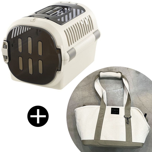 キャンピングキャリーファイン ダブルドア M アイボリー + PUFF pet carry canvas tote M P24002-21 ベージュ ペットキャリー セット