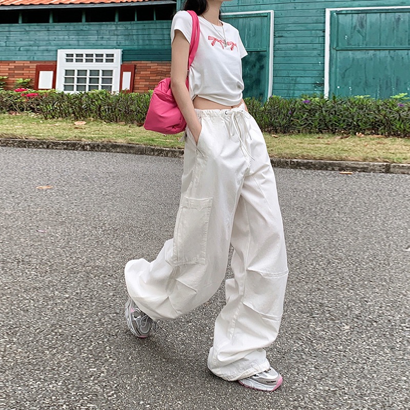 Yc&american レトロルーズワイドレッグパンツ 巾着カーゴパンツ オールマッチカジュアルパンツ レディース