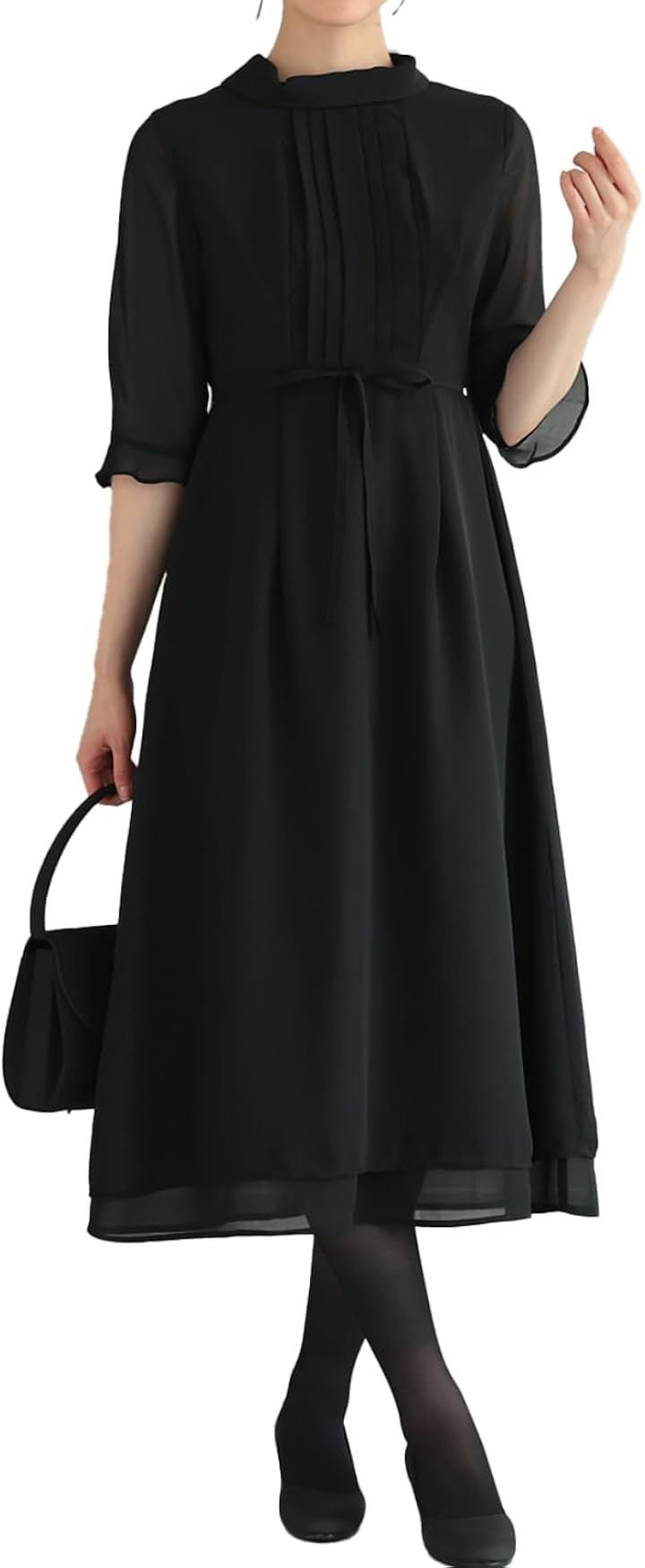 ブラックフォーマル レディース ワンピース ドレス 五分袖 喪服 スカート 礼服 冠婚葬祭 (ブラック / 322188, XL)