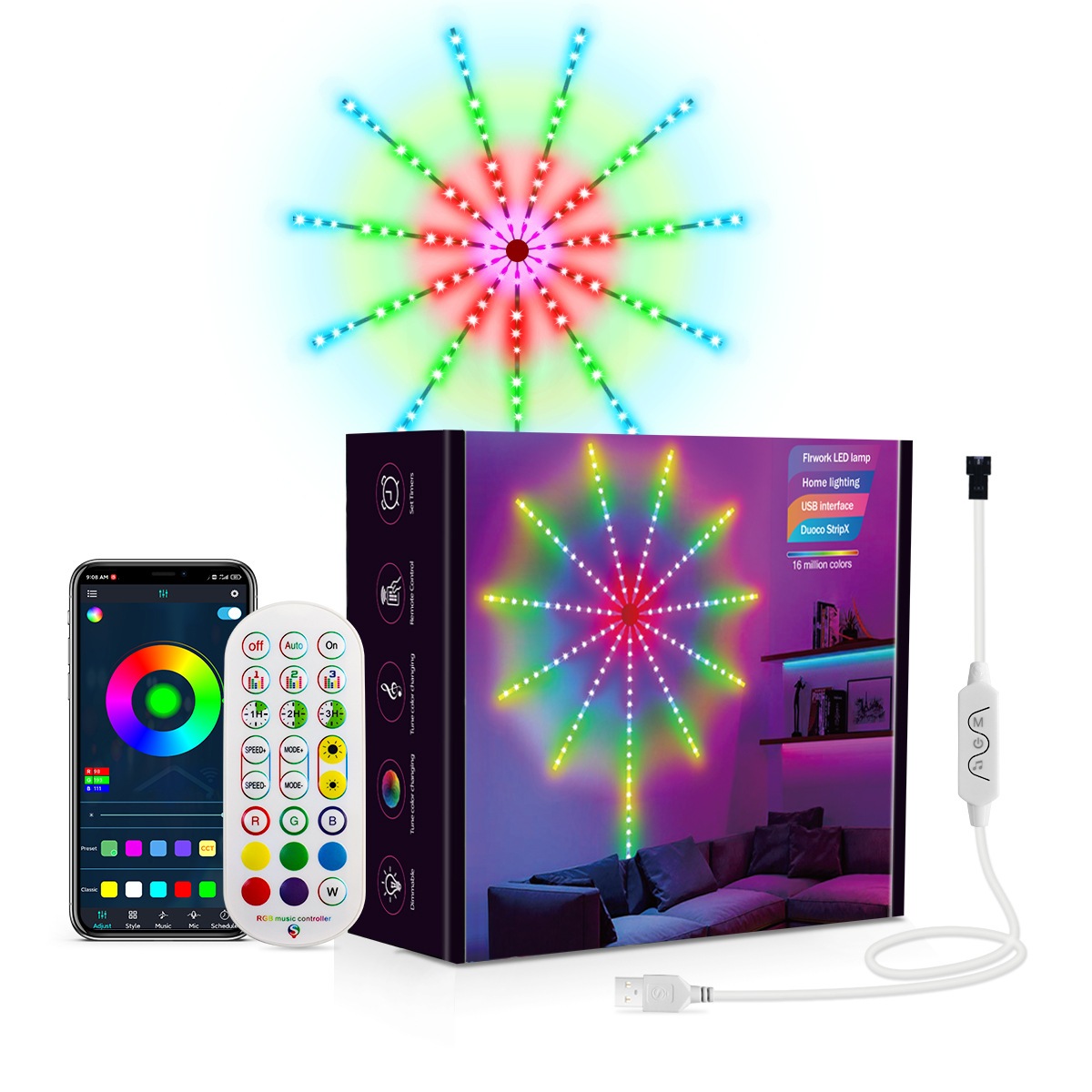 LED花火テープライト APP操作 USB花火ライト 音楽と同期色変化花火ライト 店舗/カラオケ/庭/ホーム装飾用 音楽ledテープライト イルミネーション流れる花火 LEDテープ型 RGB 光が走るインテリア照明・ライト