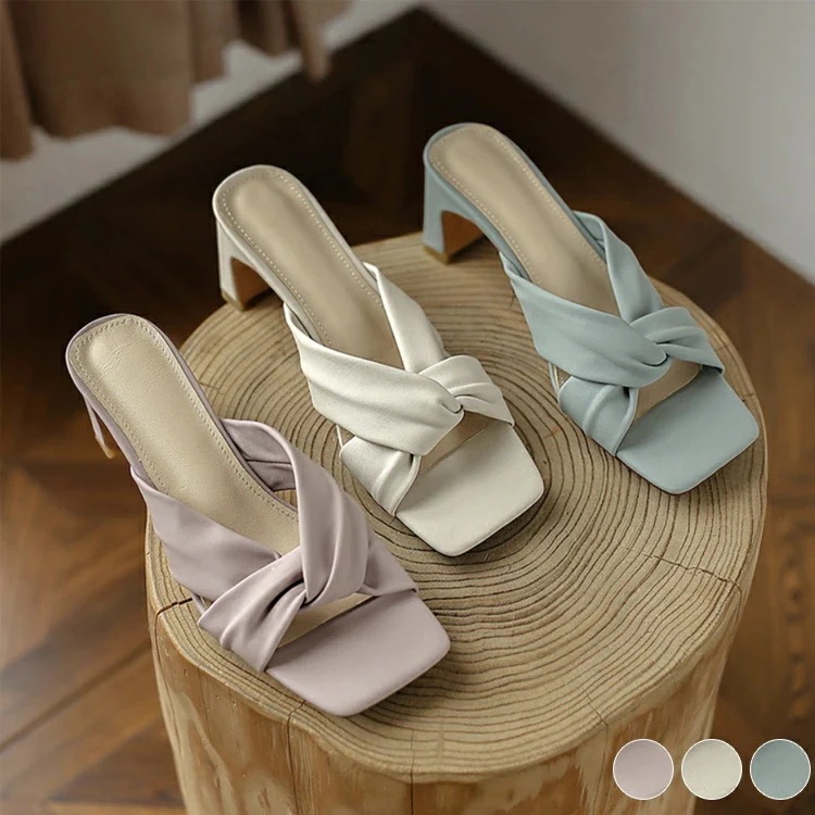 2024 春 夏 ハイヒールミュール サンダル ミュール レディース サンダル チャンキーヒール スクエアトゥ レザー クロスベルト