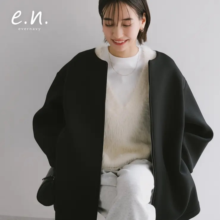 evernavy エバーネイビー ダンボール ミドル コート レディース ノーカラージャケット ロングコート アウター 軽アウター カーディガン 羽織り オーバーサイズ 体型カバー ゆったり Aライン