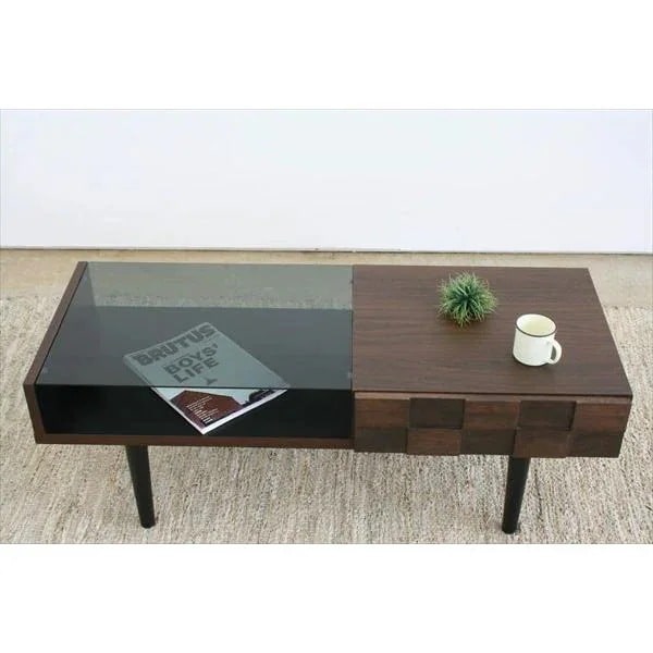 ローテーブル ガラス おしゃれ ミッドセンチュリー 引き出し 棚 木製 日本製 テーブル センターテーブル リビングテーブル