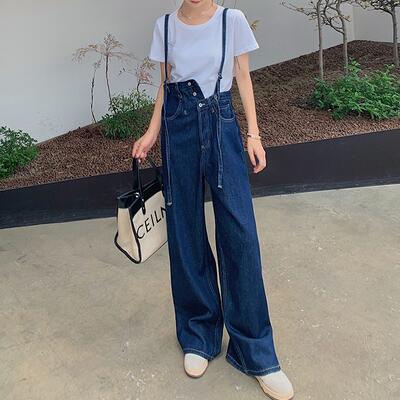 セットアップ カジュアル おしゃれ 2点セット サロペットパンツ パンツ デニム オーバーオール ロング丈 Tシャツ 半袖レディース ゆったり フェミニン ブルー ホワイト 白 春 夏 秋 20代 3