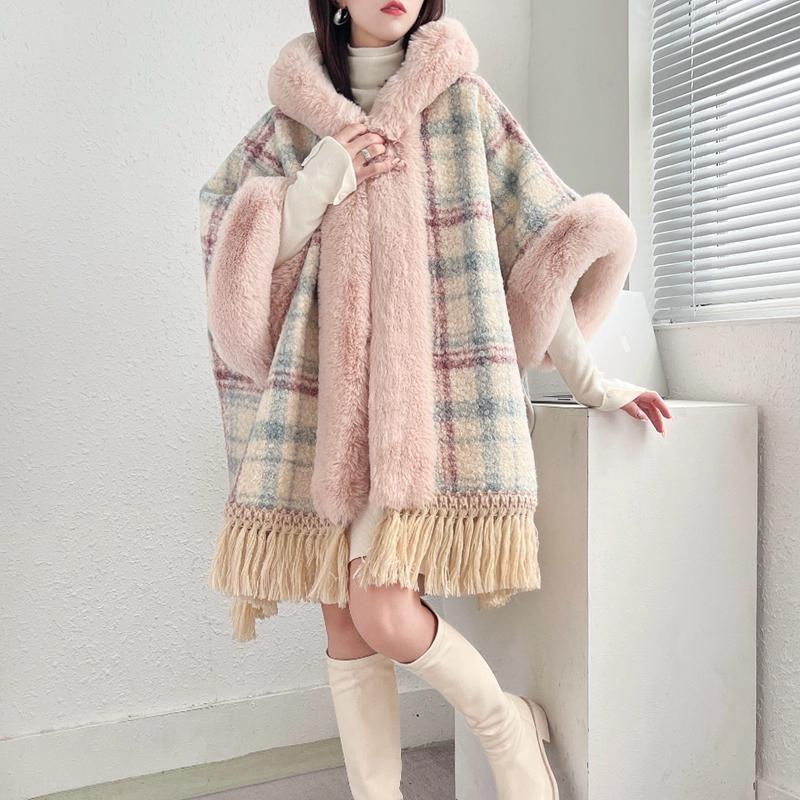 フリンジマントストールレディース秋冬連帽ミディアムドルマンスリーブラッコウサギの毛襟のチェックにスエードの厚手コート