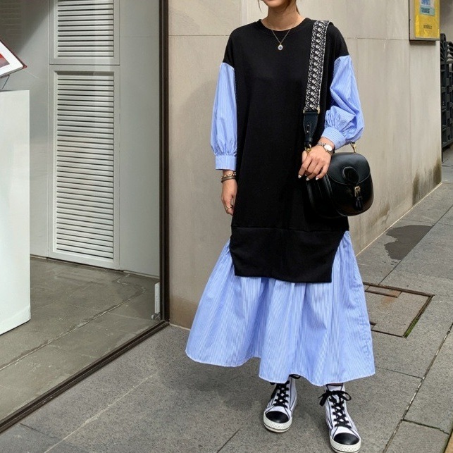 シャツワンピース 襟付き ボーダー 大きいサイズ 韓国 レディース オルチャン 黒 ブラック 青 水色 長袖 Uネック 異素材ミックス ボタン かわいい 大人可愛い きれいめ おしゃれ