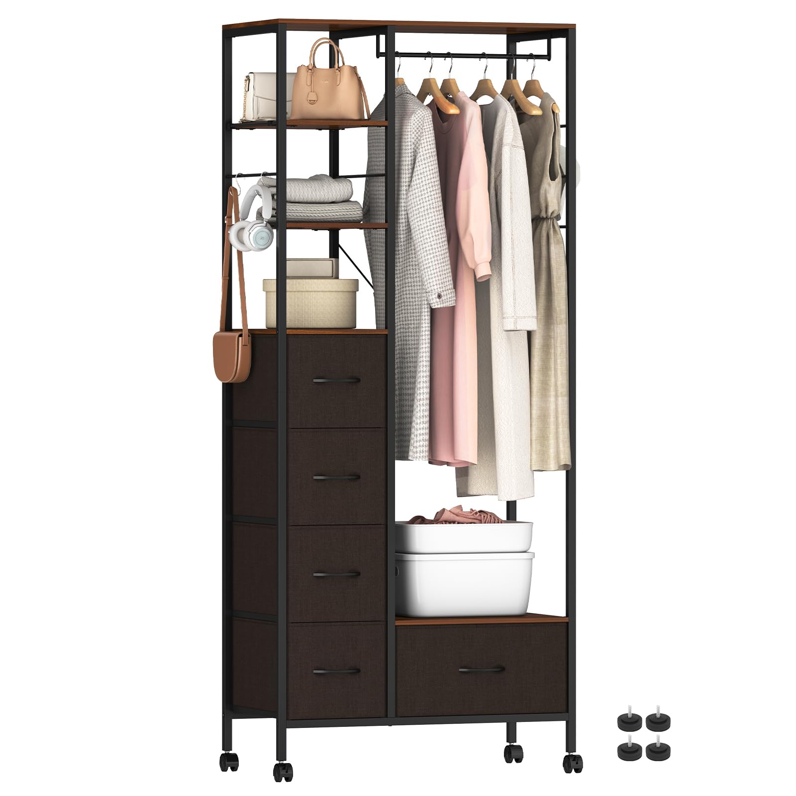 LunarLight ハンガーラック ワードローブ 引き出し付き 大容量 頑丈 全体耐荷重200kg キャスター付き 棚板可動式 収納付き 洋服収納 パイプハンガー 洋服掛け 衣類 衣装 クローゼット