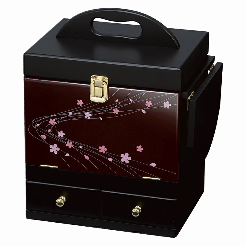 コスメボックス（えんじ）　MUD-6163EN光沢ある本体に落ち着いた蒔絵調の桜模様が美しいコスメボックスサイドにバタフライ式のミニテーブルも付いています
