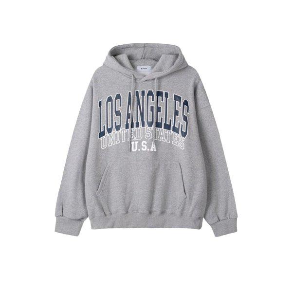 メンズ LA プリント オーバーサイズ 裏起毛 フード付き Tシャツ RM-TSK-Q059-グレー