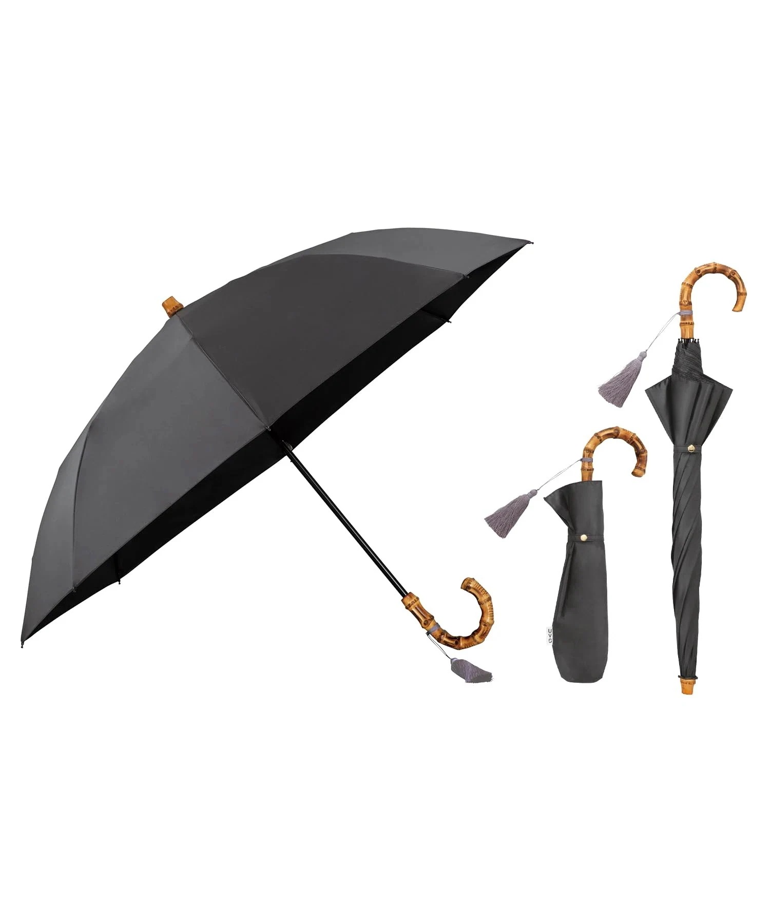 最強の日傘 UVO(ウーボ)折りたたみ傘／2段 無地タッセル ブラック遮光率＆UVカット率100%/UPF50＋/遮熱/晴雨兼用50cm レディース 長傘としても使える 2way バンブー おしゃ