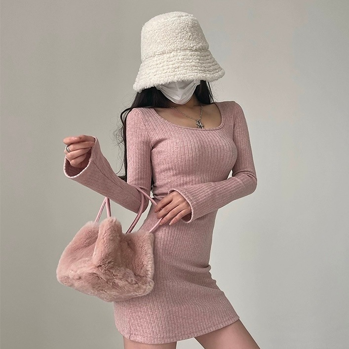 ワンピース レディース ニット スクエアネック ショート丈 長袖 プルオーバー スリム 大人可愛い きれいめ シンプル 上品 お洒落 かっこいい デート 春 秋 こなれ感 オルチャン ピンク ママ