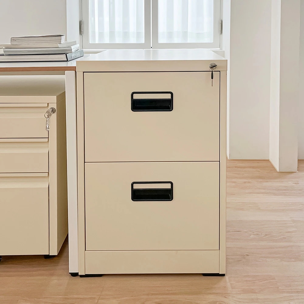 バター2段鉄製キャビネット 韓国インテリア 引き出し 鍵付き バターカラー スチール 46×62×73cm