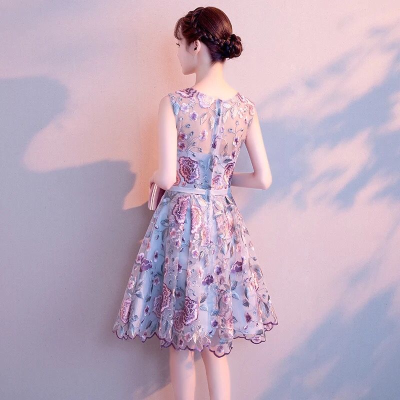 ウェディングドレス レディース ウェディングドレス ショート パープル レース ノースリーブドレス 誕生日パーティー ミニドレス イブニングドレス 母の日