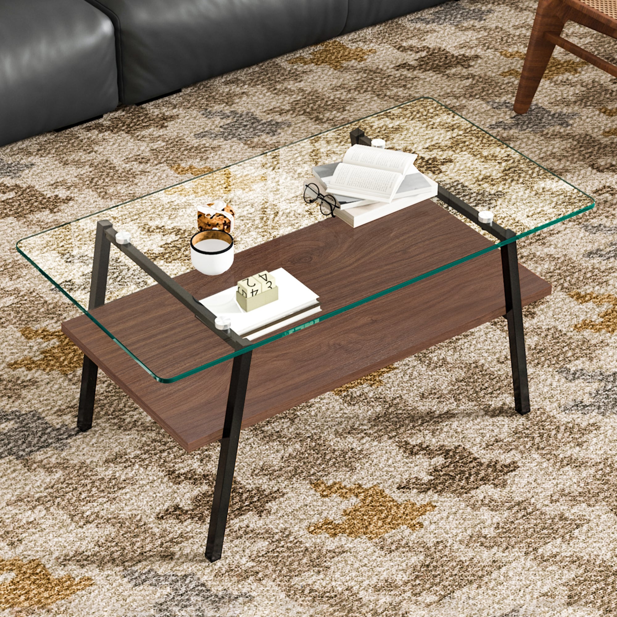 【国内発送&送·料·無·料】モダン長方形コーヒーテーブル リビング用 クリアガラス+ブラック脚*392