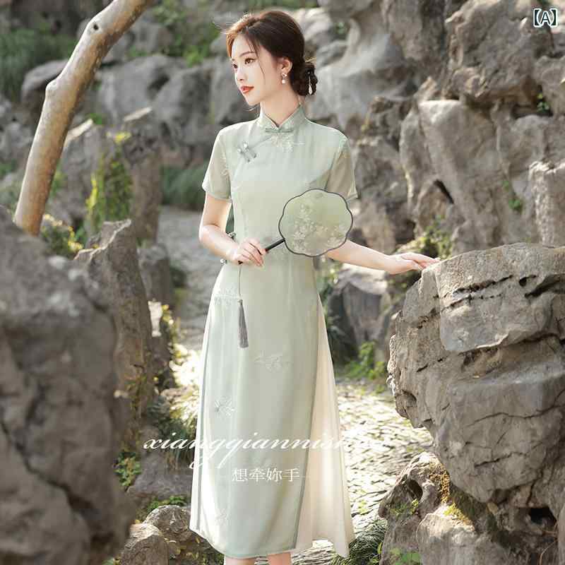 アオザイ チャイナドレス レディース 中国 茶 夏 ティー アート フェアリー ミドル丈 グリーン ホワイト ピンク