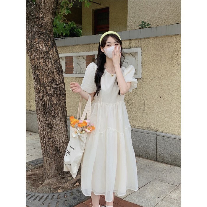 シフォンワンピース ワンピース ひざ下ワンピース 膝下丈 袖あり 半袖 萌袖 パフスリーブ ラウンドネック 襟なし プリンセスライン アジアン 個性的 ホワイト ブルー M L エレガント