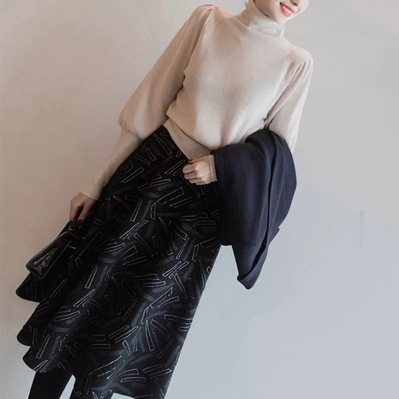 トップス ニットソー プルオーバー レギュラー丈 長袖 ランタンスリーブ レギュラー袖 ラウンドネック タートルネック スリム ニット ベージュ 上品 お洒落 大人 こなれ感 ルーズ クール 個性的