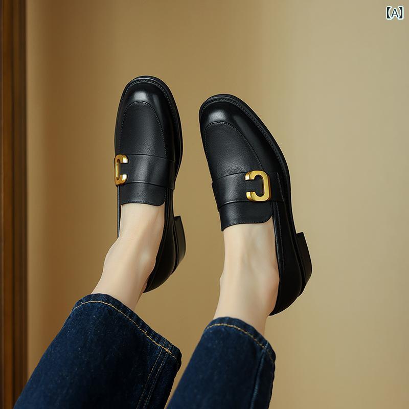 ローファー レディース 通学 通勤 学生 カレッジ 仕事 オフィス 革 英国 スタイル 厚手 ヒール 女性 春秋 スタイル ラウンドトゥ 深い 口 メタル バックル スリッポン 小さい 革靴