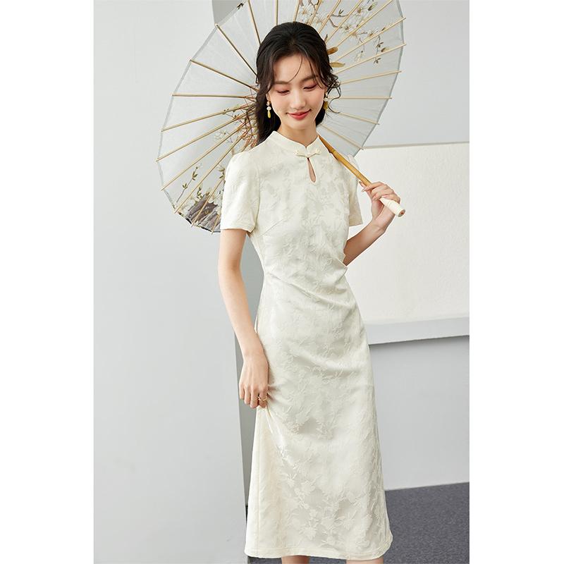 チャイナドレス レディース ワンピース ジャカード 夏 水滴 スタンドカラー ベージュ ブラック