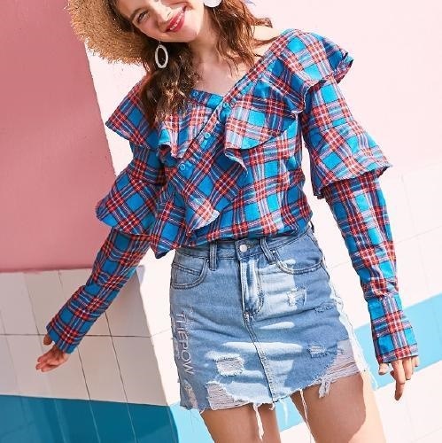 2192.チェック フリル トップス(ブルー)