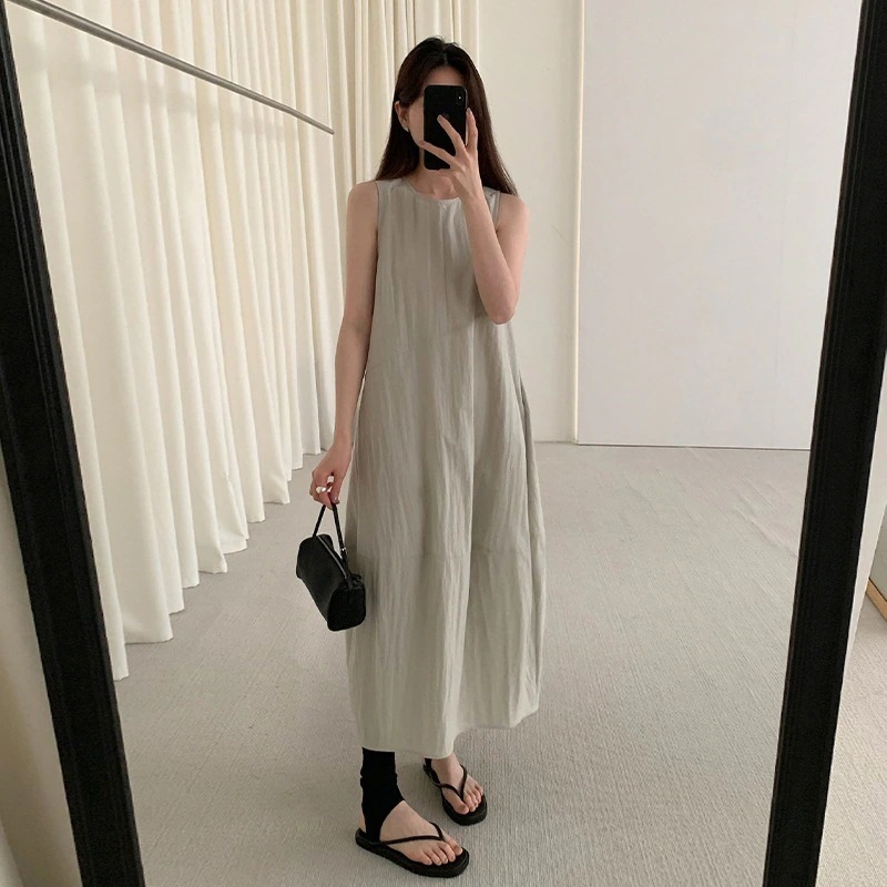 【急速出荷!】袖なしロング・マキシ丈ワンピ 韓国 シンプル ベスト ノースリーブ ワンピース レディース 2025 夏 新作 通気性 ラウンドネック ロングドレス