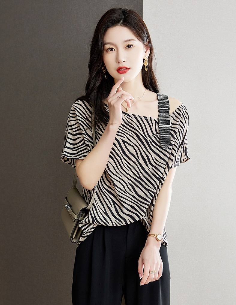 夏 個性的なデザイン カジュアル 半袖 薄い シフォンシャツ ライト シャツ ヒョウ トップ 女性 ブラック XL XXL トップス 袖あり かわいい 大人可愛い きれいめ シンプル カジュアル 大人
