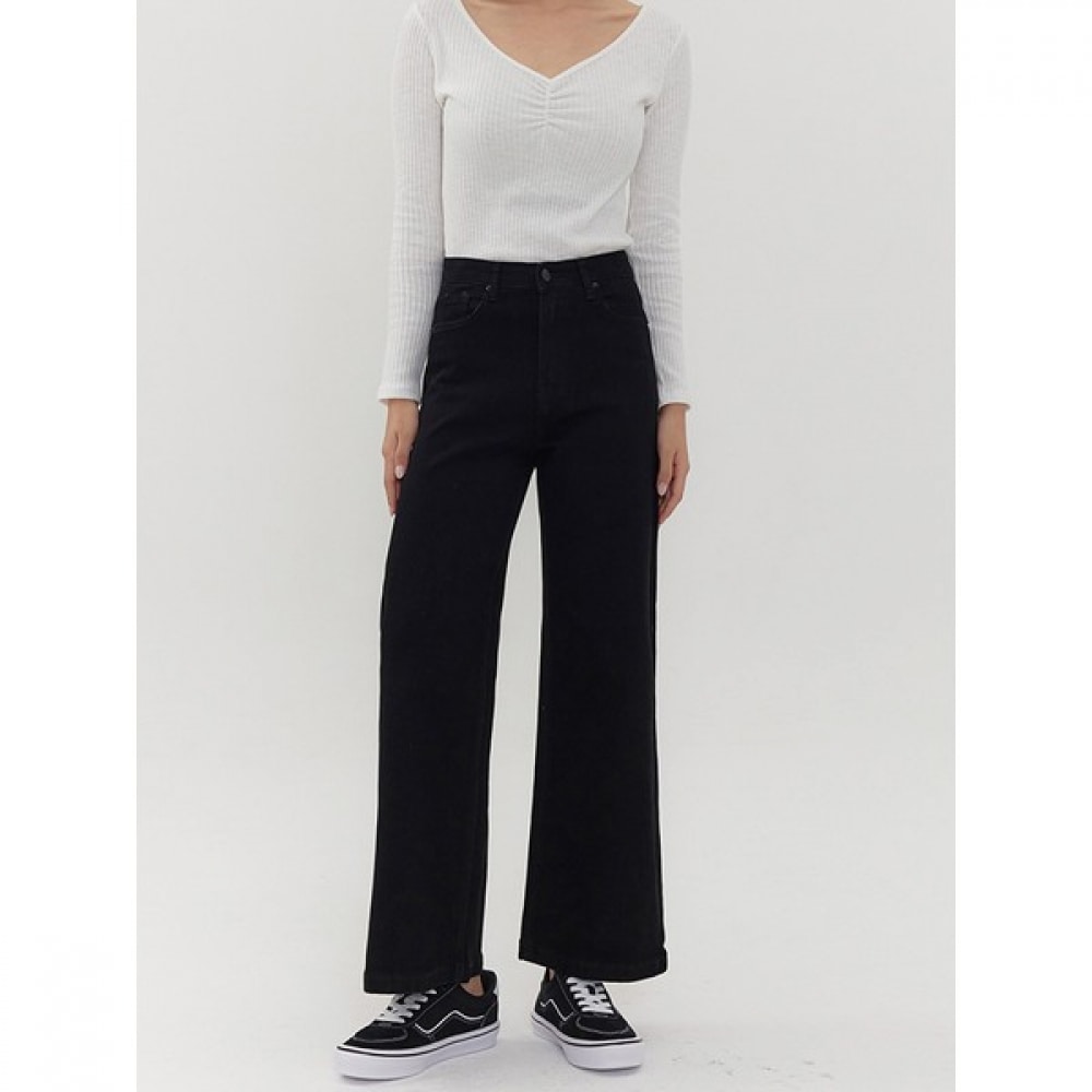 (Jinmania) ブラックヒドゥンバンディングワイドブーツカットデニムパンツ