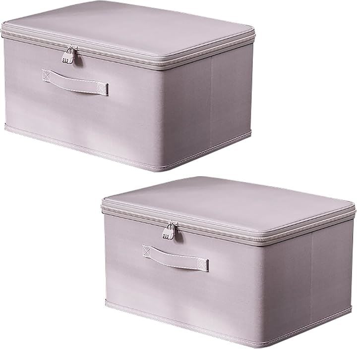 鍵付き収納ボックス ダイヤル錠 収納ケース 大容量 折りたたみ 水洗いOK 衣類 ふた付き おしゃれ 布製 ファスナー(グレー, L（2個セット）)