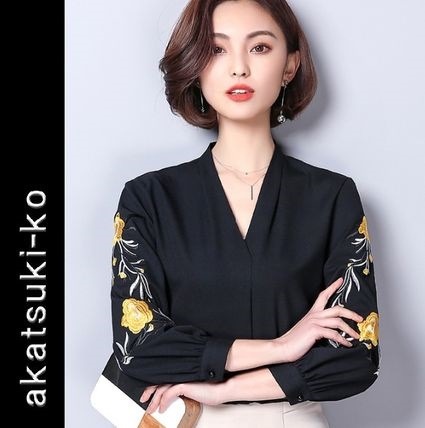 花柄刺しゅう 韓国ファッション エレガント 3色 akatsuki-ko レディース オルチャン オルチャンファッション スリーブブラウス