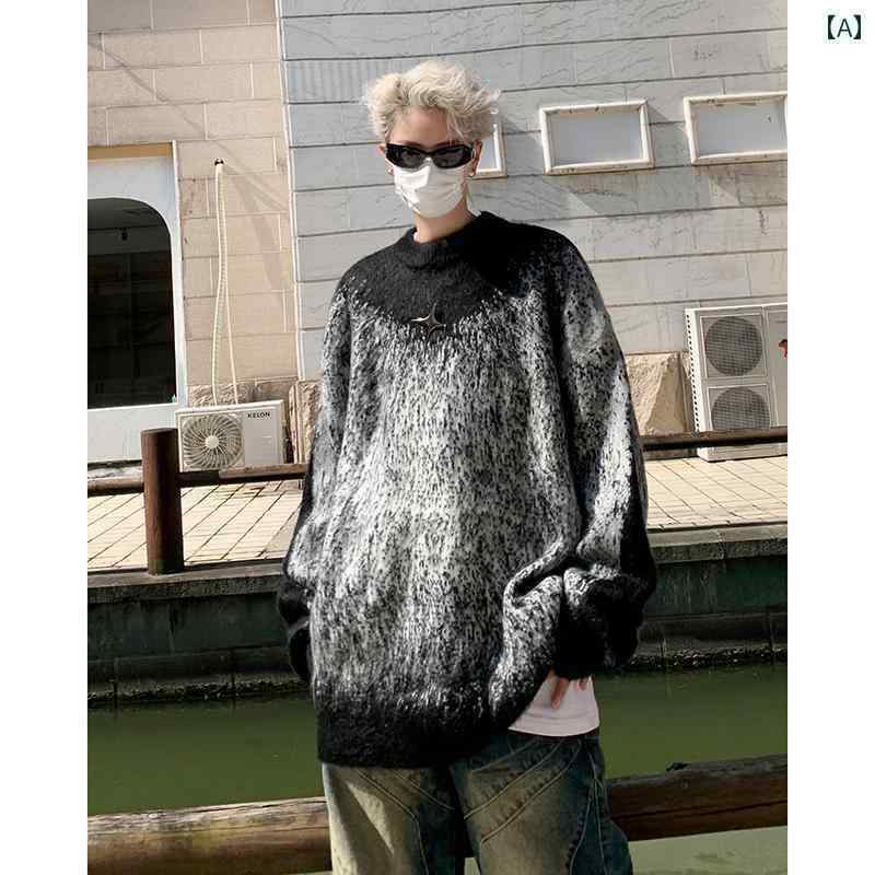 メンズ セーター トップスス コントラスト グラデーション 厚手 カジュアル 暖かい ラウンドネック ニット