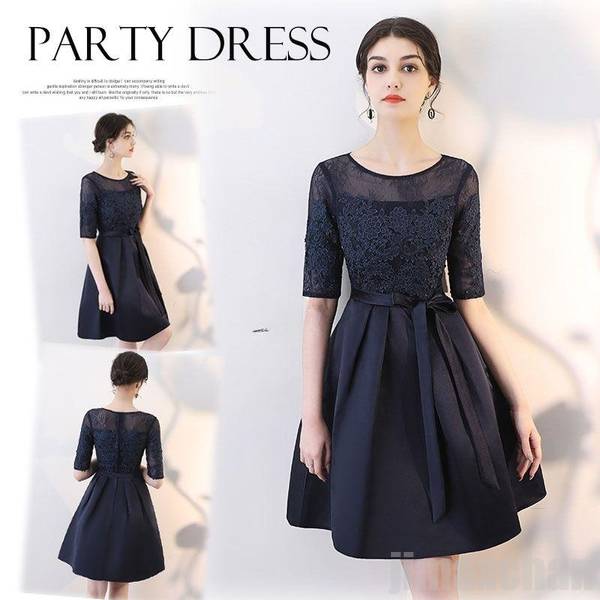 パーティードレス 膝丈 結婚式 お呼ばれ ワンピース 披露宴 同窓会 ブライズメイドドレス 五分袖 結婚式 ドレス フォーマルワンピース ブラック ネイビー グレー