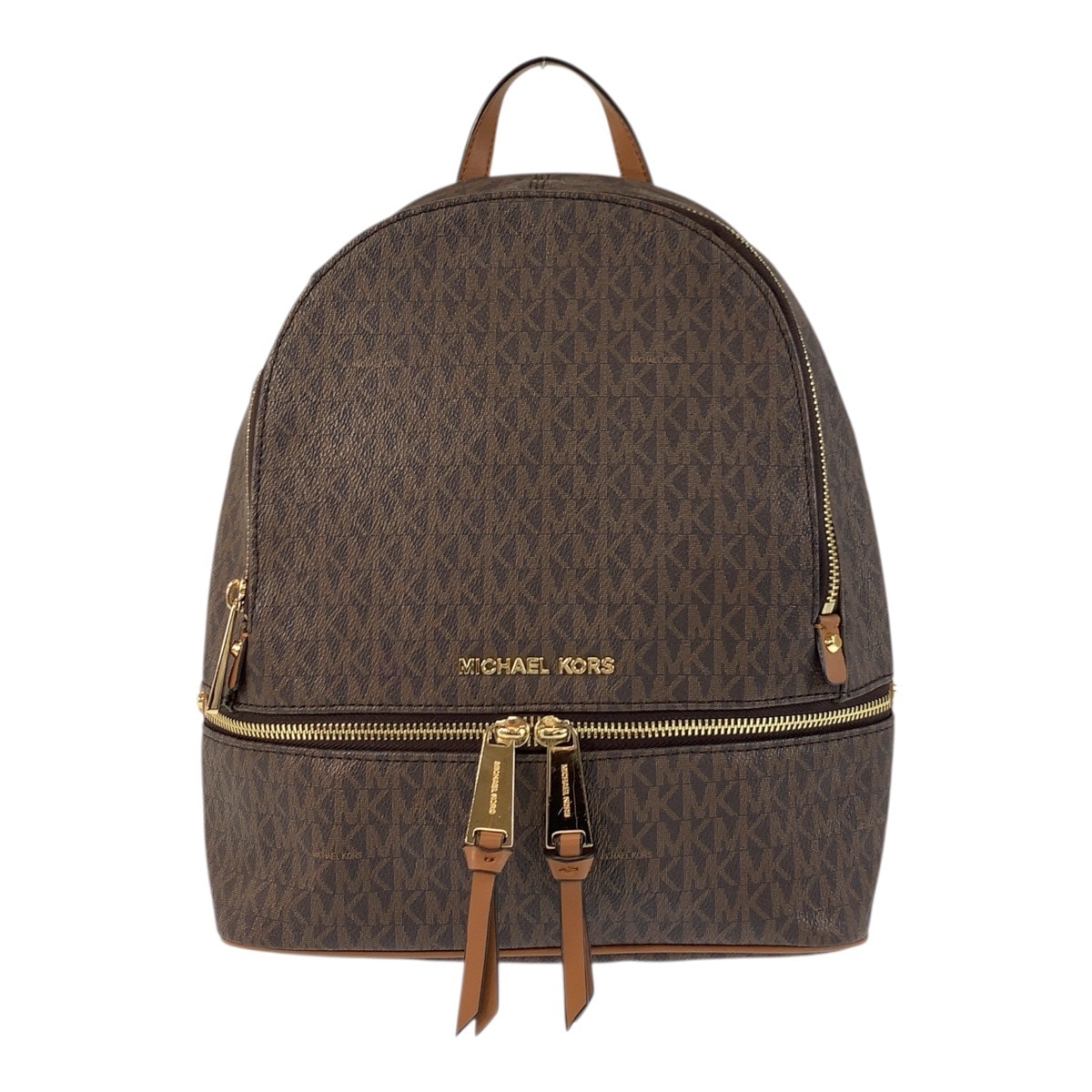 美品 MKシグネチャー リアジップ ブラウン ゴールド金具 PVC リュック バックパック レディース 502752