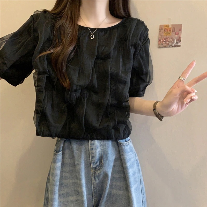 新作Tシャツ 半袖 パフスリーブ 2025新しいシフォンシャツ女性夏半袖ショートセクションバブルスリーブブラウス