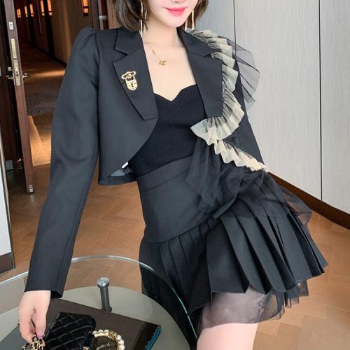 セットアップ2点セットツーピース韓国無地ノーボタン長袖ショートl丈ミニ丈おしゃれ可愛いチュールレースフリルニッチ個性的モードイレギュラーアシンメトリージャケットミニスカートプリーツスカート台形変形レデ