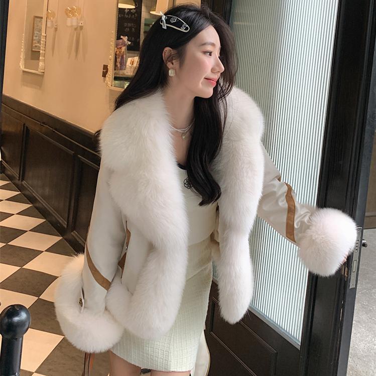 Hot!!!人工狐ファー レザードッキング ライダーズ ジャケット 秋冬 フリース ステッチ ぬいぐるみ ボア 華やか暖かい 保温 レディース コート アウター メガ割