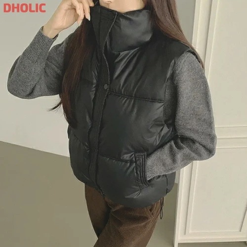 中綿ジップアップハイネックドローストリングマットベストダウンジャケット・1939459