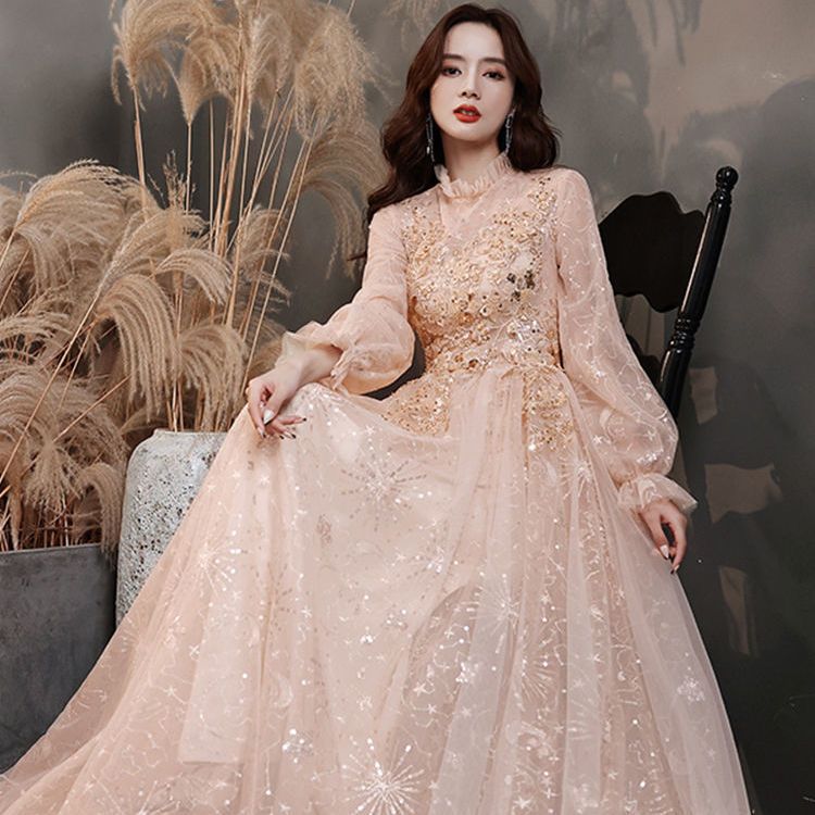 2025年春の長袖宴会イブニングドレス女性らしさエレガント妖精芸術試験ホストドレススカート 母の日 母の日-0007745