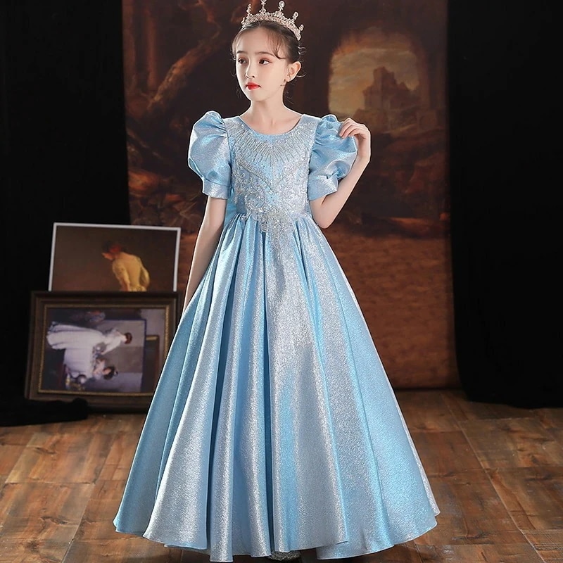 子供ドレス ピアノ発表会 ブルー ピンク ロングドレス 演奏会ドレス 女児ドレス フォーマル キッズドレス 演出服 ステージドレス ロング パフスリーブ 表面微光沢 高級感 女の子ドレス 1100~1