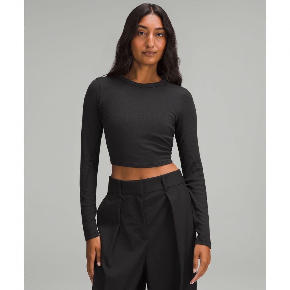 30% ホールドタイツストライプハムクロップドロングスリーブ-BLK