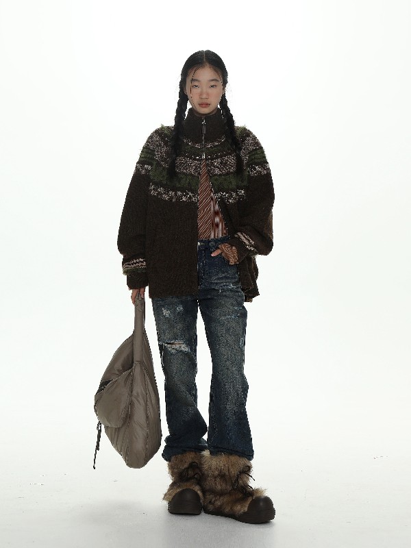 はフェアアイルセーターの渦に巻き込まれています冬の新作スタンドカラージャカードニットカーディガンコート