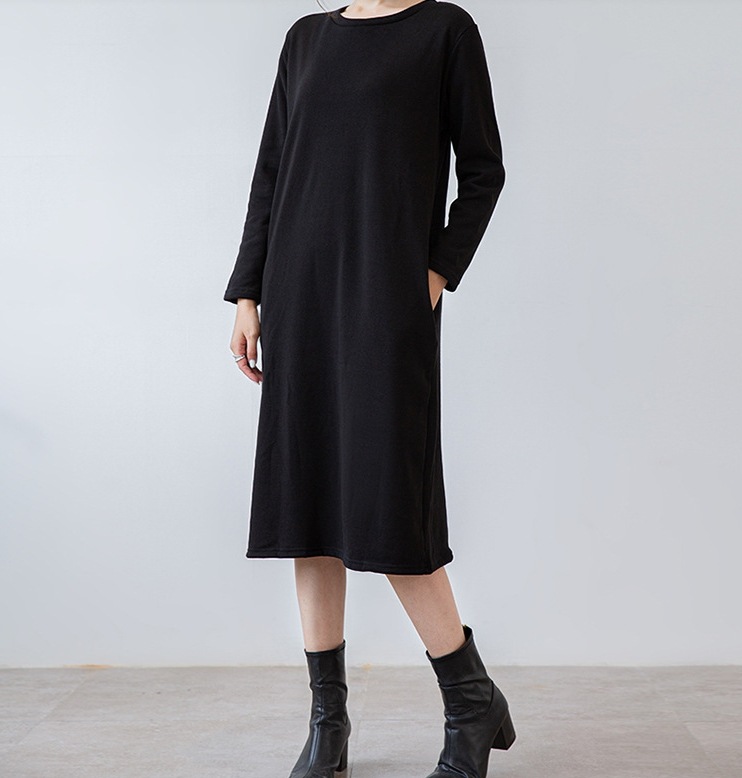 レディース ワンピース ルームウェア 膝下 長袖 Vネック ラウンドネック 襟なし ポケット 中厚手 裏起毛 シンプル カジュアル こなれ感 ラフ スポーティー 学生風 無地 秋 冬 会議 MTG 5,151円