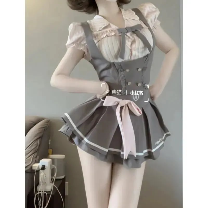 【2025年夏の新作！】大人気アメリカンハロウィンロリータ 制服二次元 メイド服量産型地雷系 カレッジ JK ピンク ネイビー ボウタイブラウス ラッフルプリーツスカート コスプレ コスチューム ワン