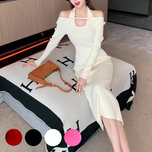 ４色展開レディース ワンピース ニット プルオーバー ドレス ニットワンピ タイトスカート ニットスカート ペンシルスカート ロングスカート ロング 長袖 Uネック 襟なし タイト ハイウエスト